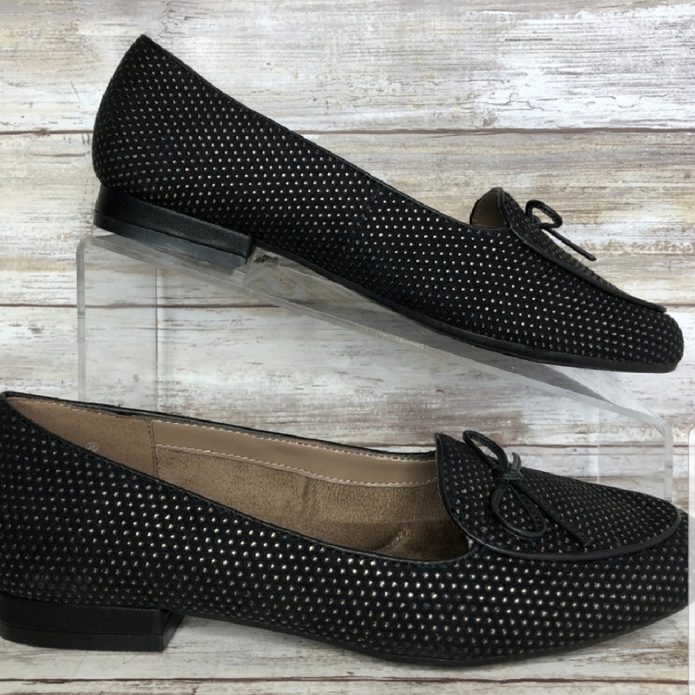 Aerosoles Feel Good 7.5M Black Gold Dot Loafers.